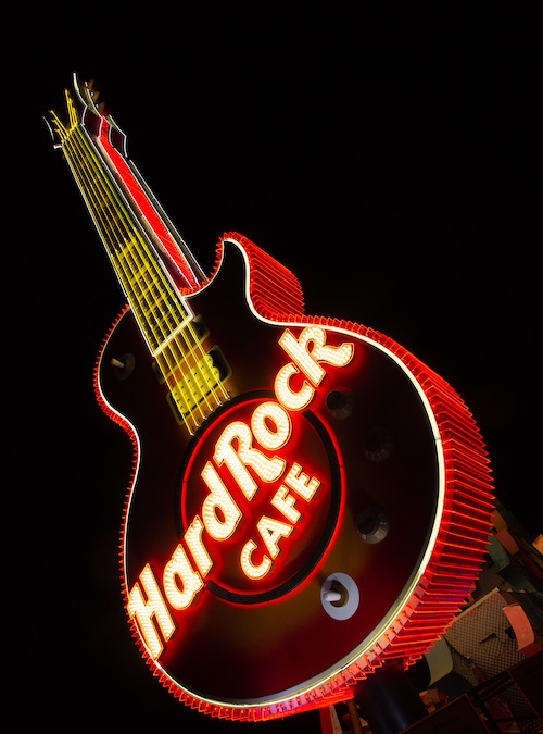 Restored Hard Rock Cafe guitar on display at The Neon Museum