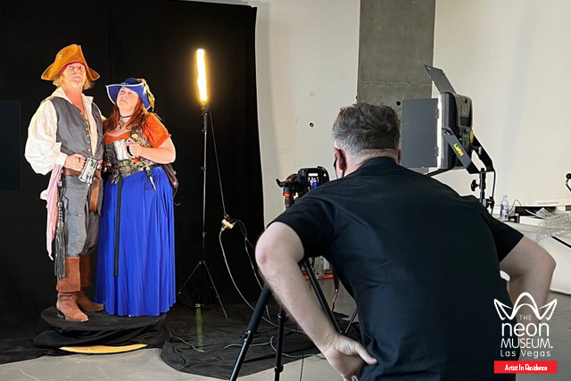 Jack Haynes and Neon Museum Executive Office Assistant, Kristie Harvego add a pirate renaissance dimension to the video project.